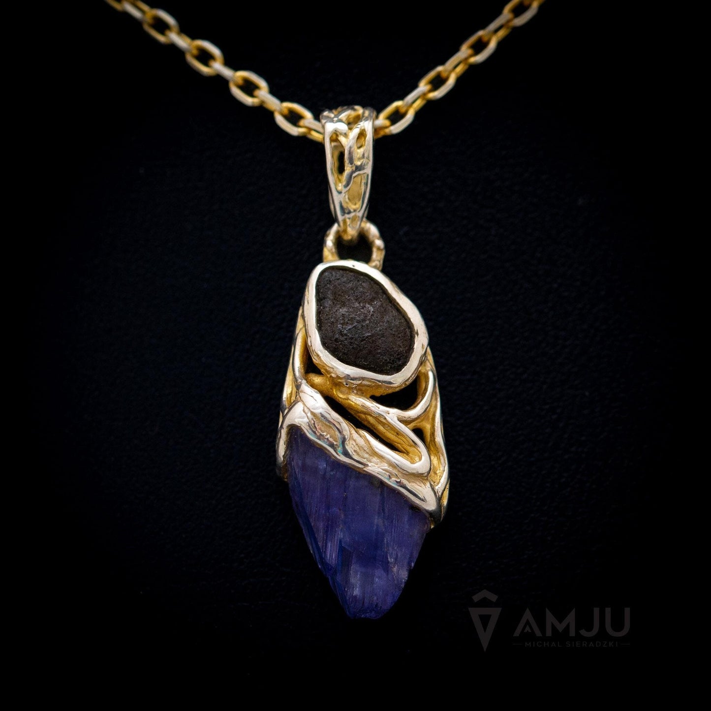 Raw Tanzanite crystal with Chelyabinsk Meteorite, pendant