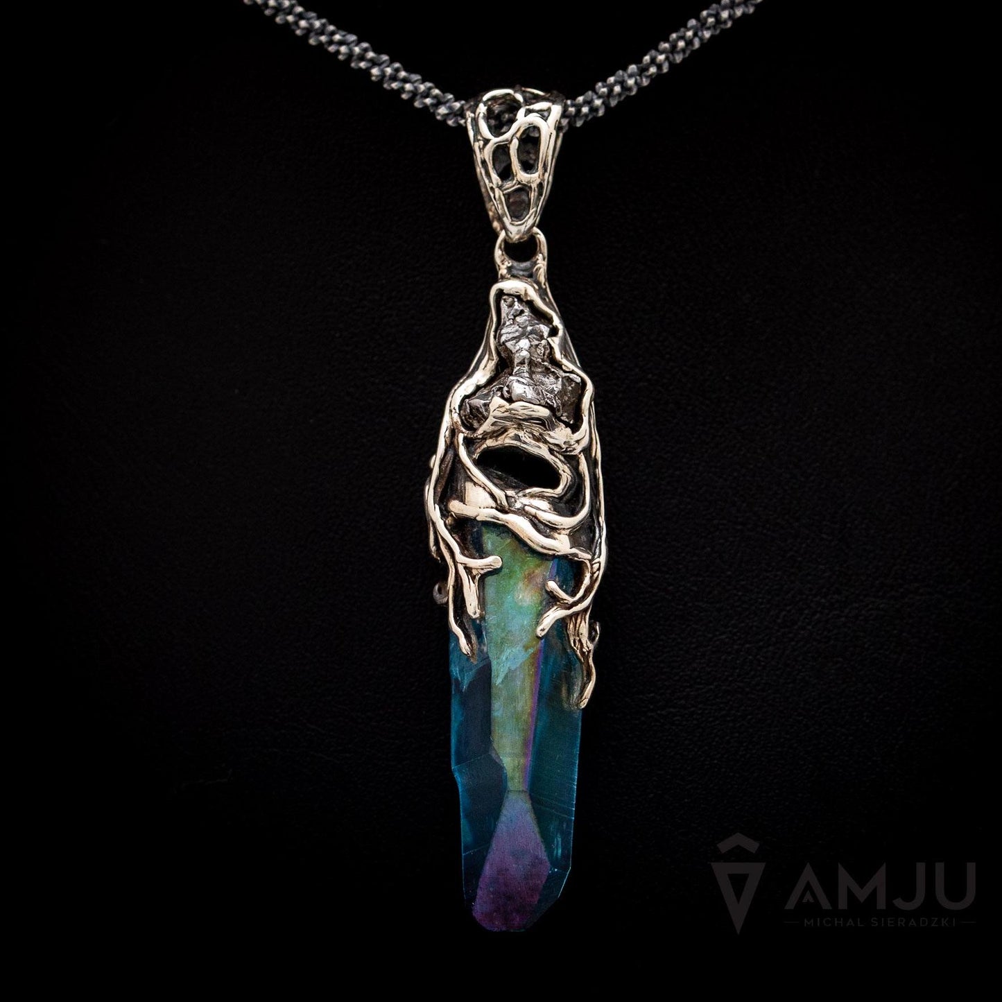 Aqua Aura Quartz Crystal and Campo del Cielo meteorite, pendant