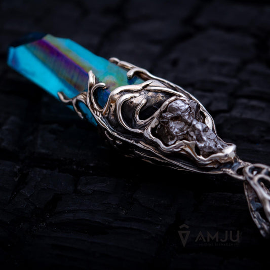 Aqua Aura Quartz Crystal and Campo del Cielo meteorite, pendant