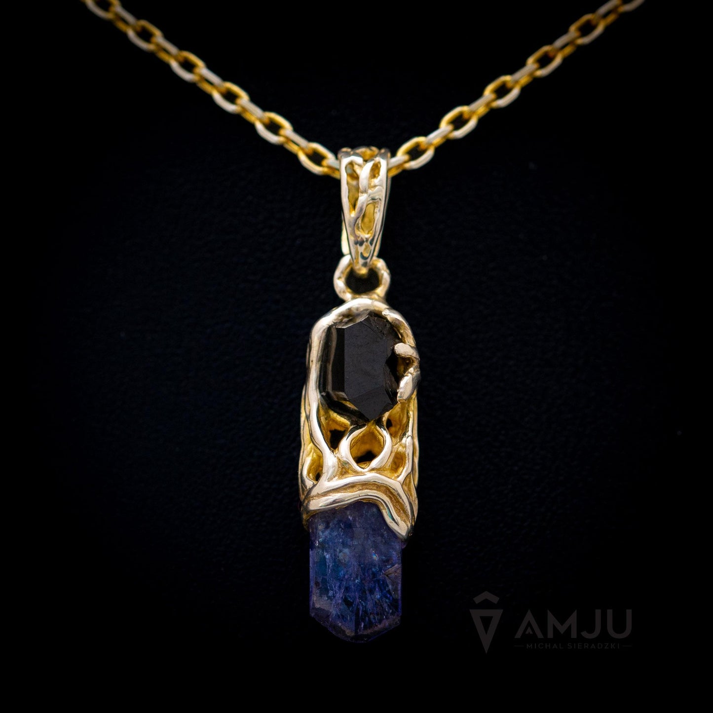 Raw Tanzanite crystal and black tourmaline schorl, pendant