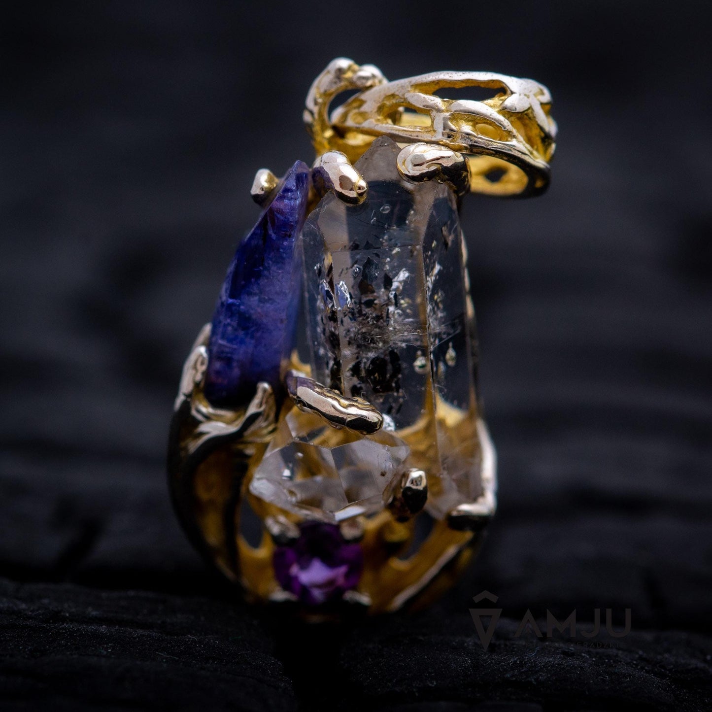 Tibetan Quartz with baby crystals, Tanzanite and Amethyste, pendant