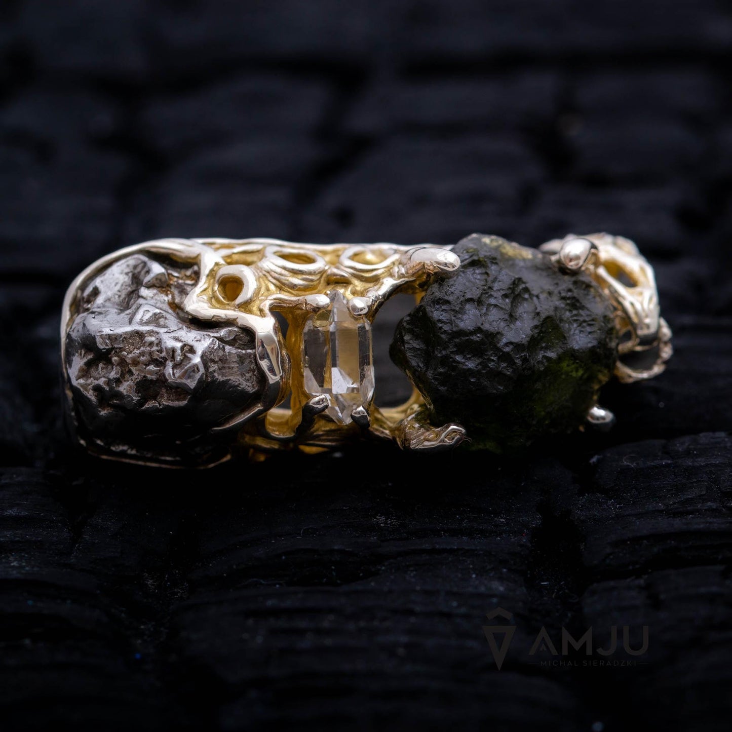 Moldavite, Campo del cielo meteorite with Herkimer Diamond, pendant