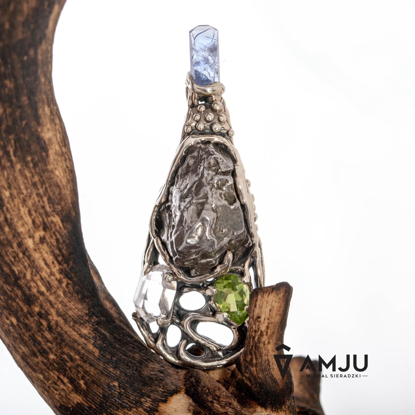 Moldavite, Campo del cielo meteorite with Herkimer Diamond, Peridot and Tanzanite, pendant