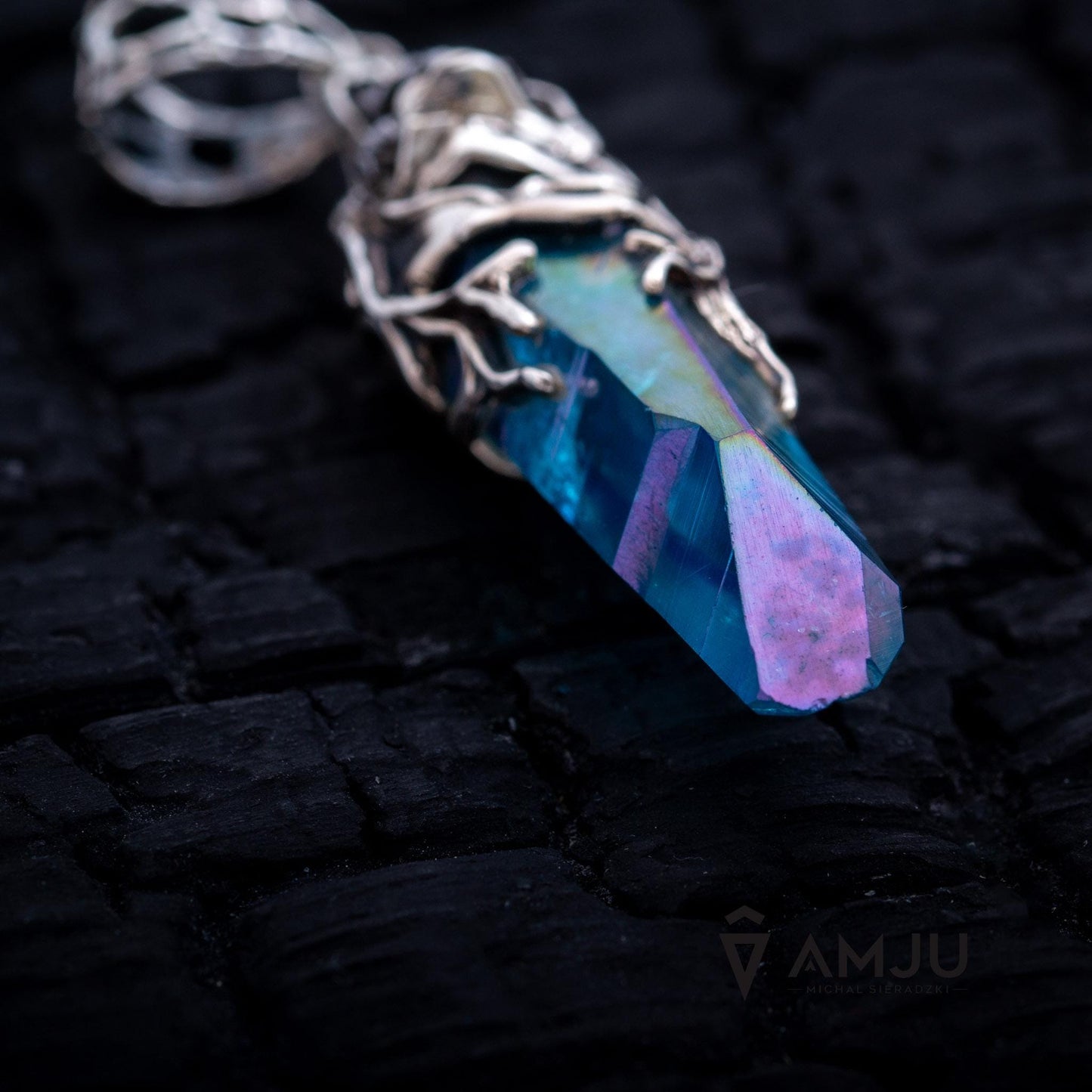Aqua Aura Quartz Crystal and Campo del Cielo meteorite, pendant