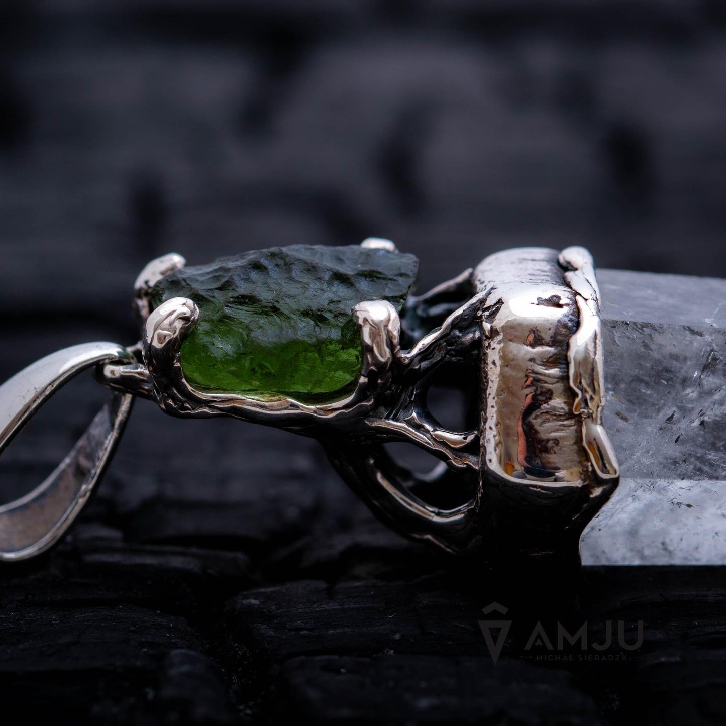 Moldavite and Quartz Crystal, pendant