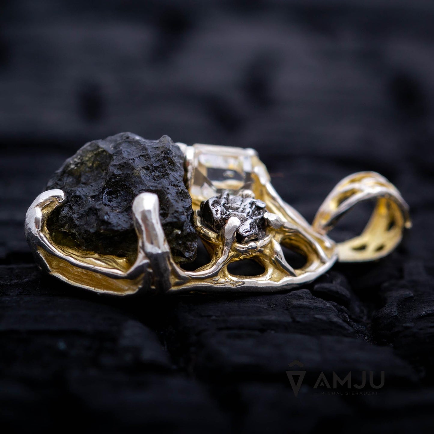 Moldavite, Campo del cielo meteorite with Herkimer Diamond, pendant