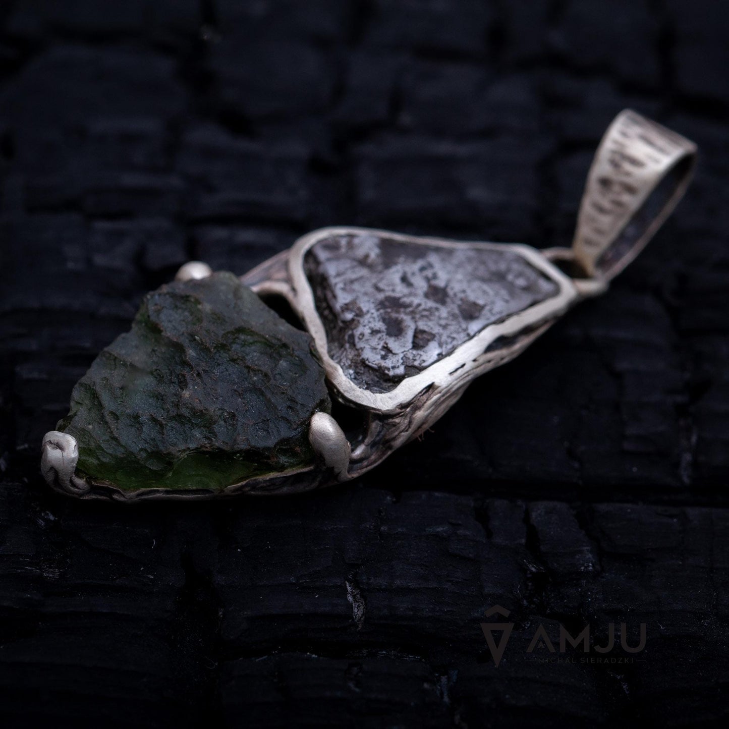 Moldavite with Campo del cielo meteorite, pendant