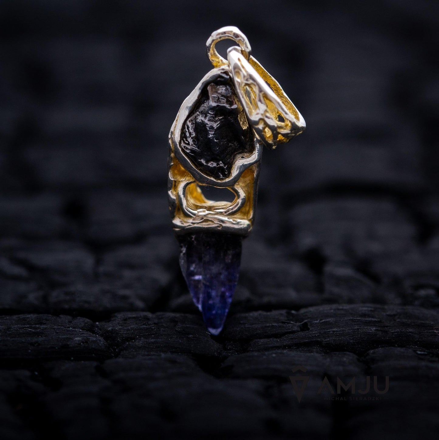 Raw Tanzanite crystal with Campo del Cielo meteorite, pendant