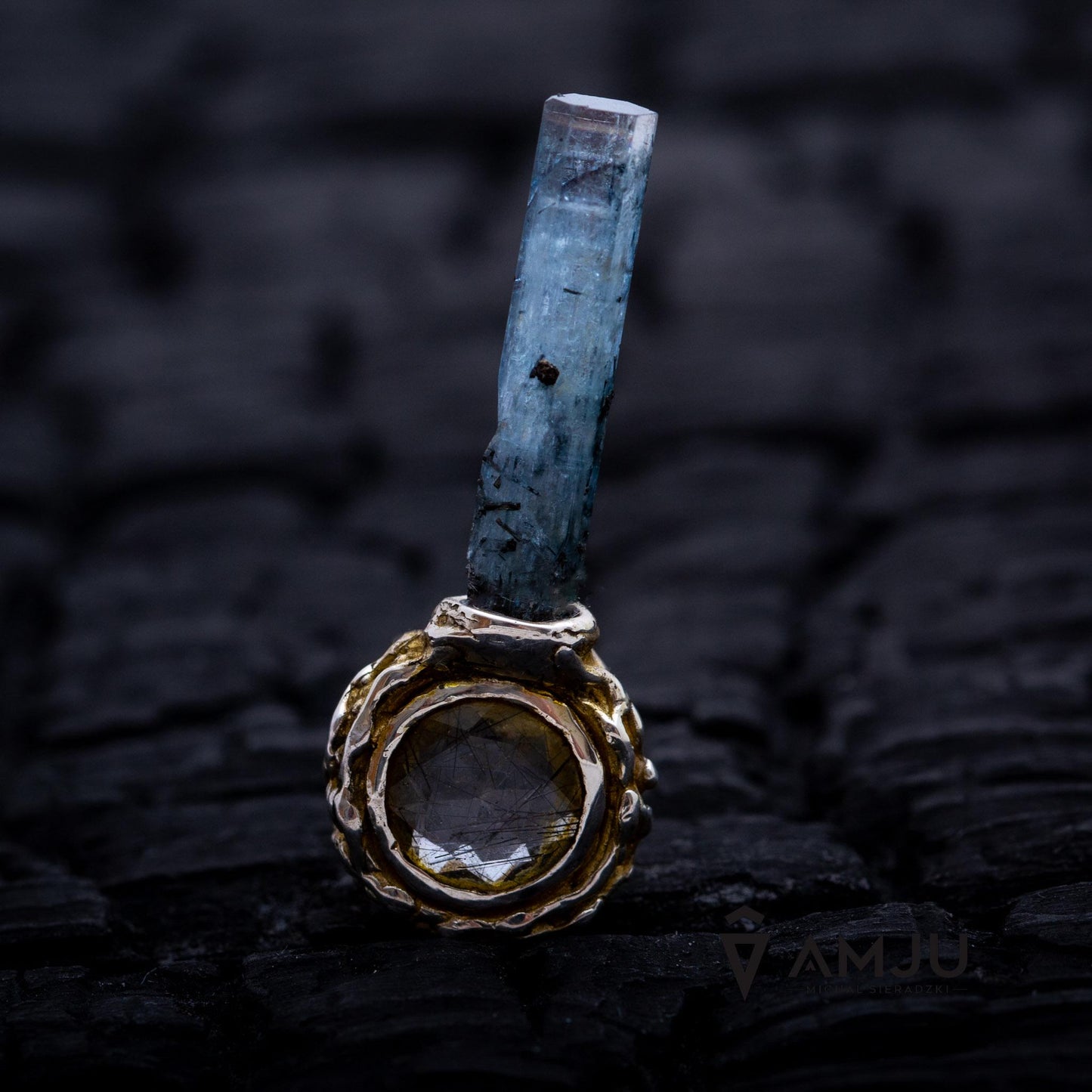 Fantasy delicate aquamarine with black tourmaline schorl, Lollipop pendant