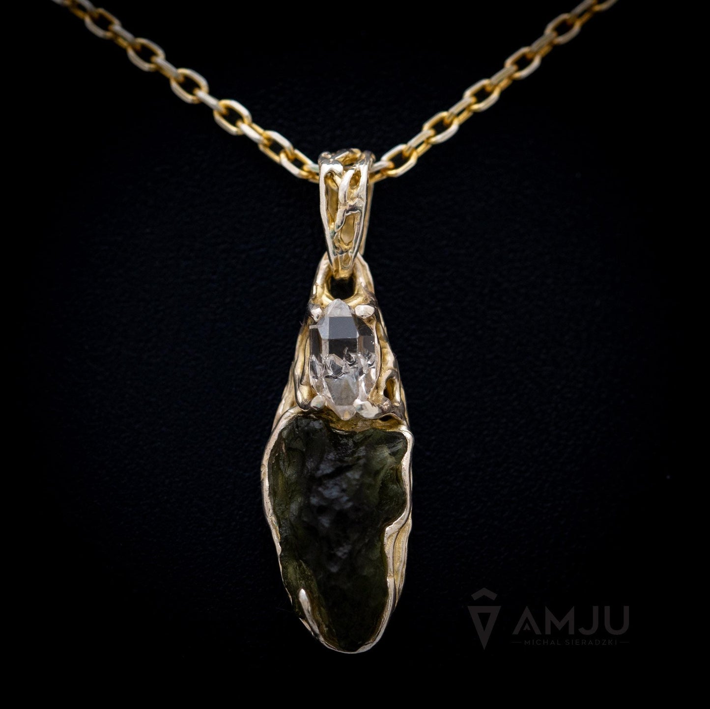 Moldavite with Herkimer Diamond, pendant