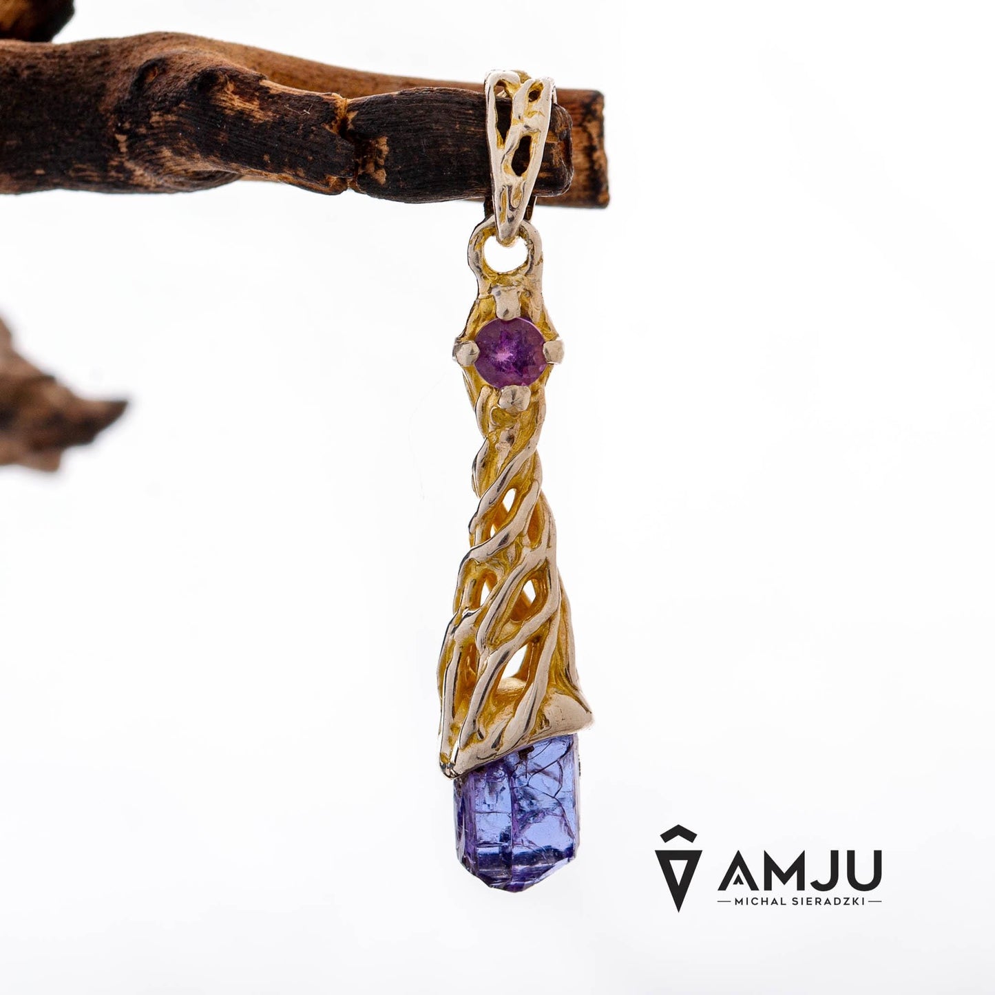 Raw Tanzanite crystal with Amethyste, pendant