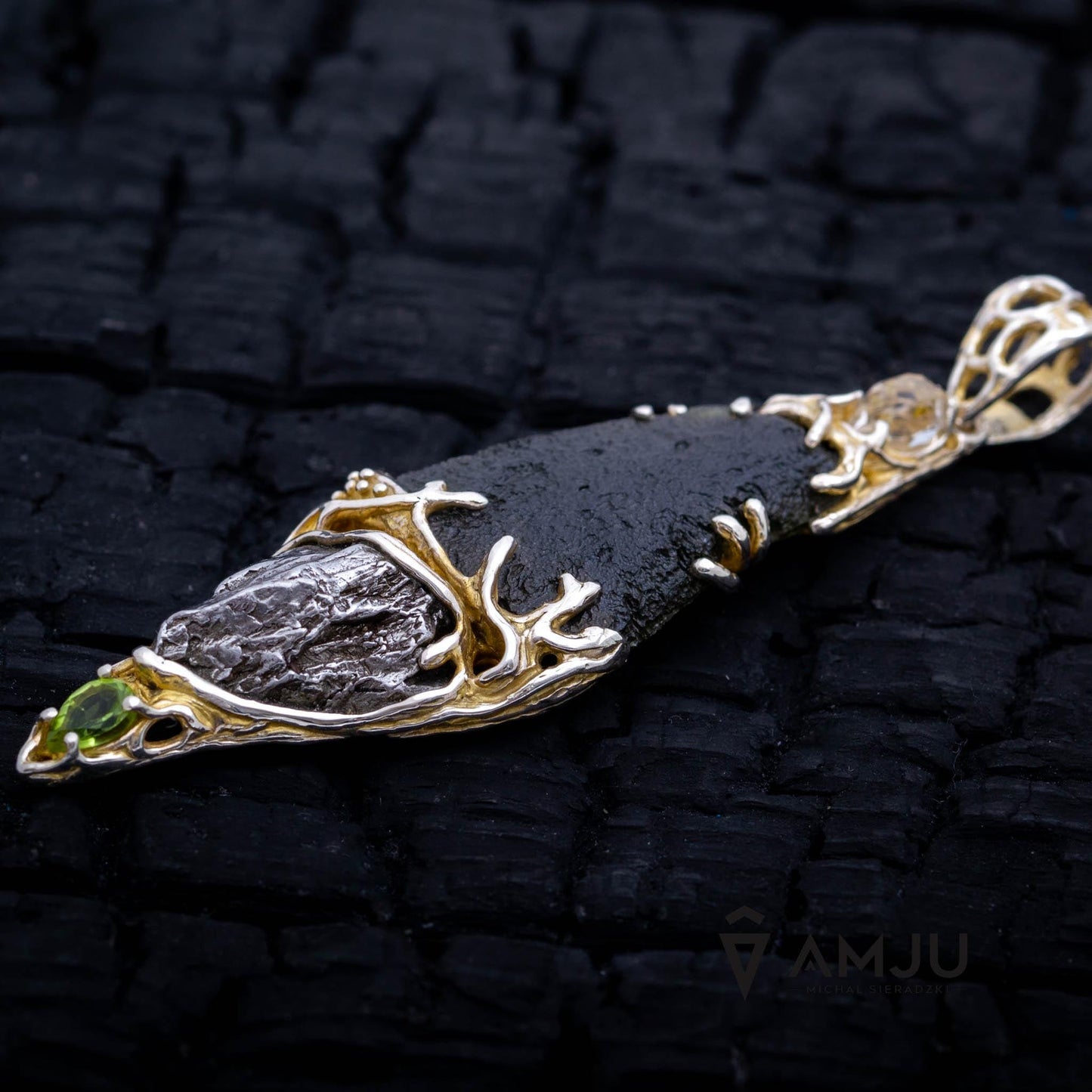 Moldavite, Campo del cielo meteorite with Herkimer Diamond and peridote, pendant