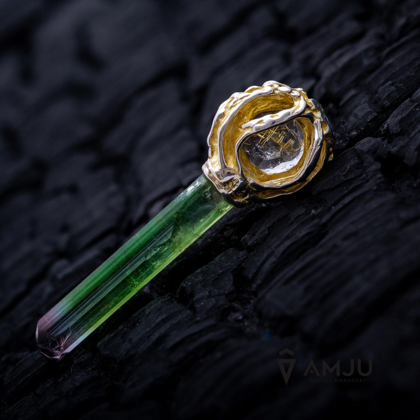 Bicolor watermelon paprok tourmaline with rutilated quartz, Lollipop pendant
