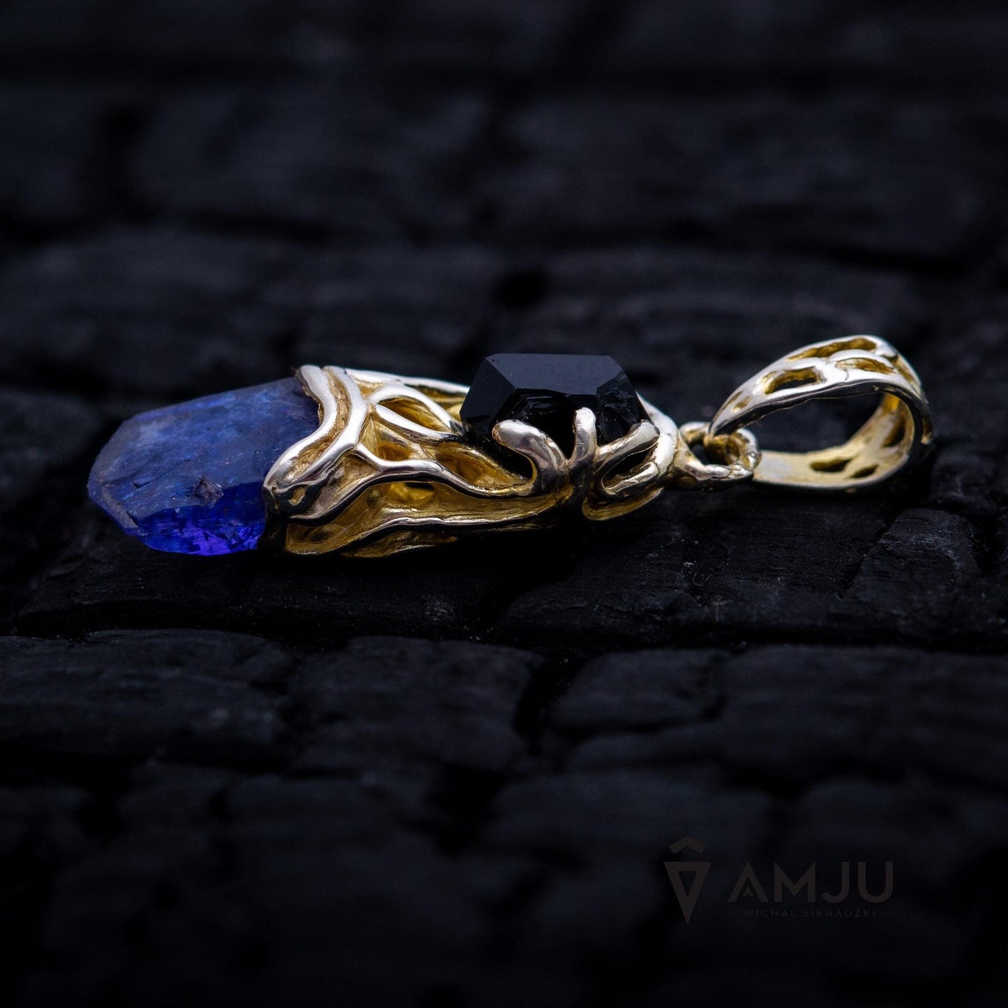 Raw Tanzanite crystal and black tourmaline schorl, pendant