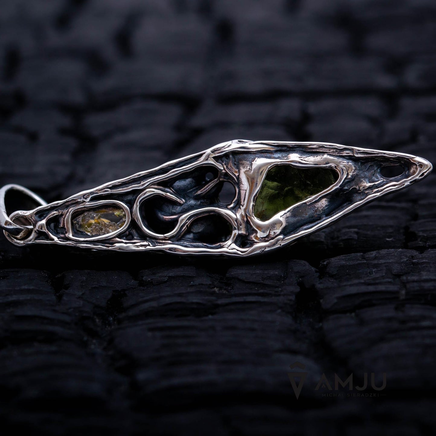 Moldavite, Campo del cielo meteorite with Herkimer Diamond, pendant