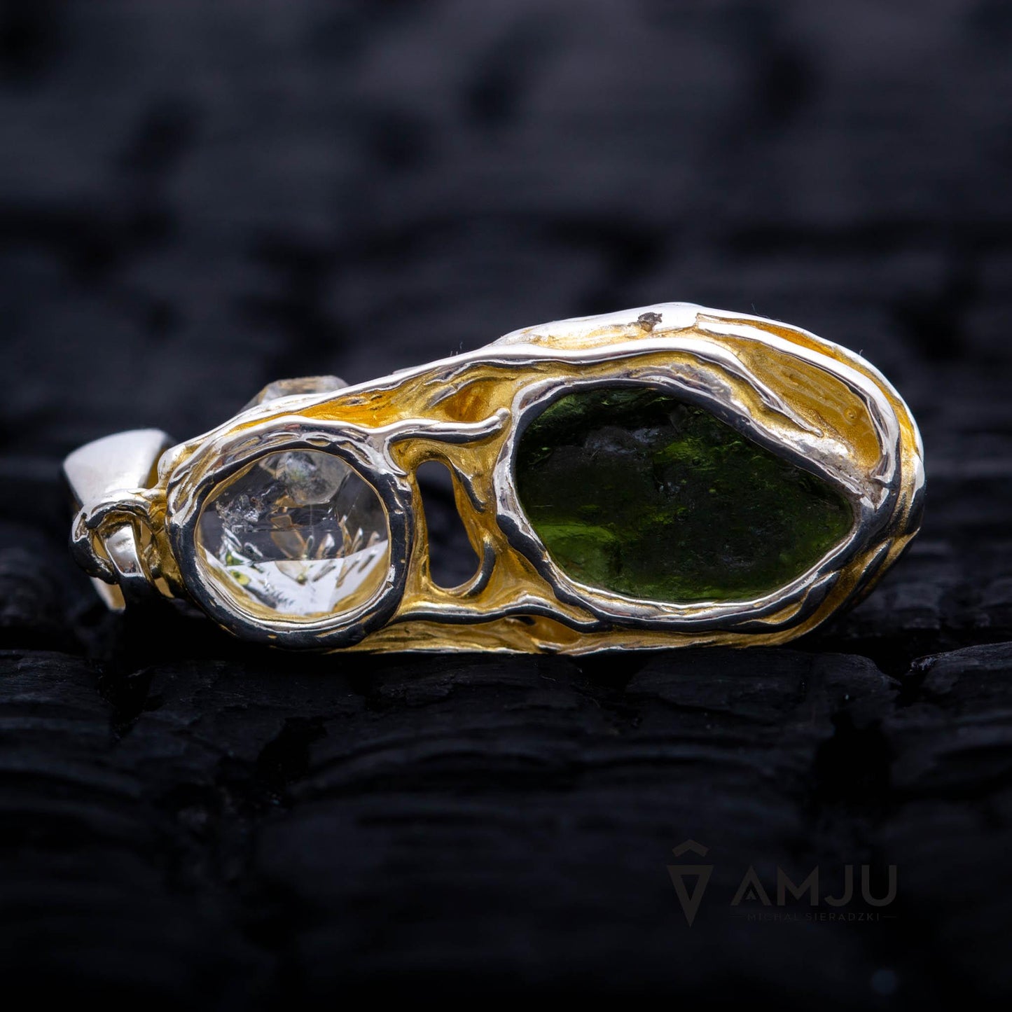 Moldavite with Herkimer Diamond, pendant