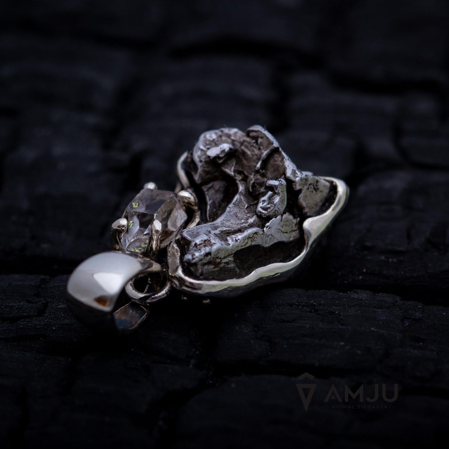 Moldavite, Campo del cielo meteorite with Herkimer Diamond, pendant