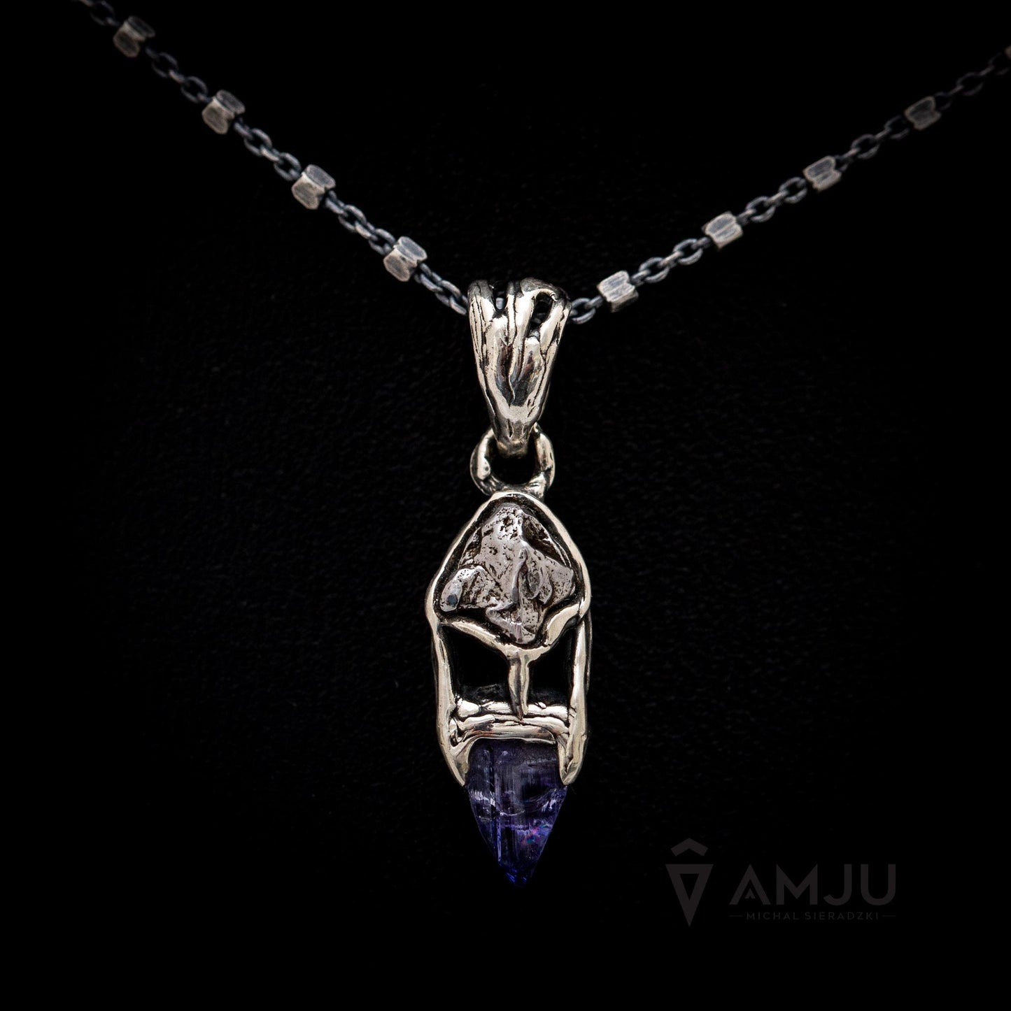 Raw Tanzanite crystal with Campo del Cielo meteorite, pendant