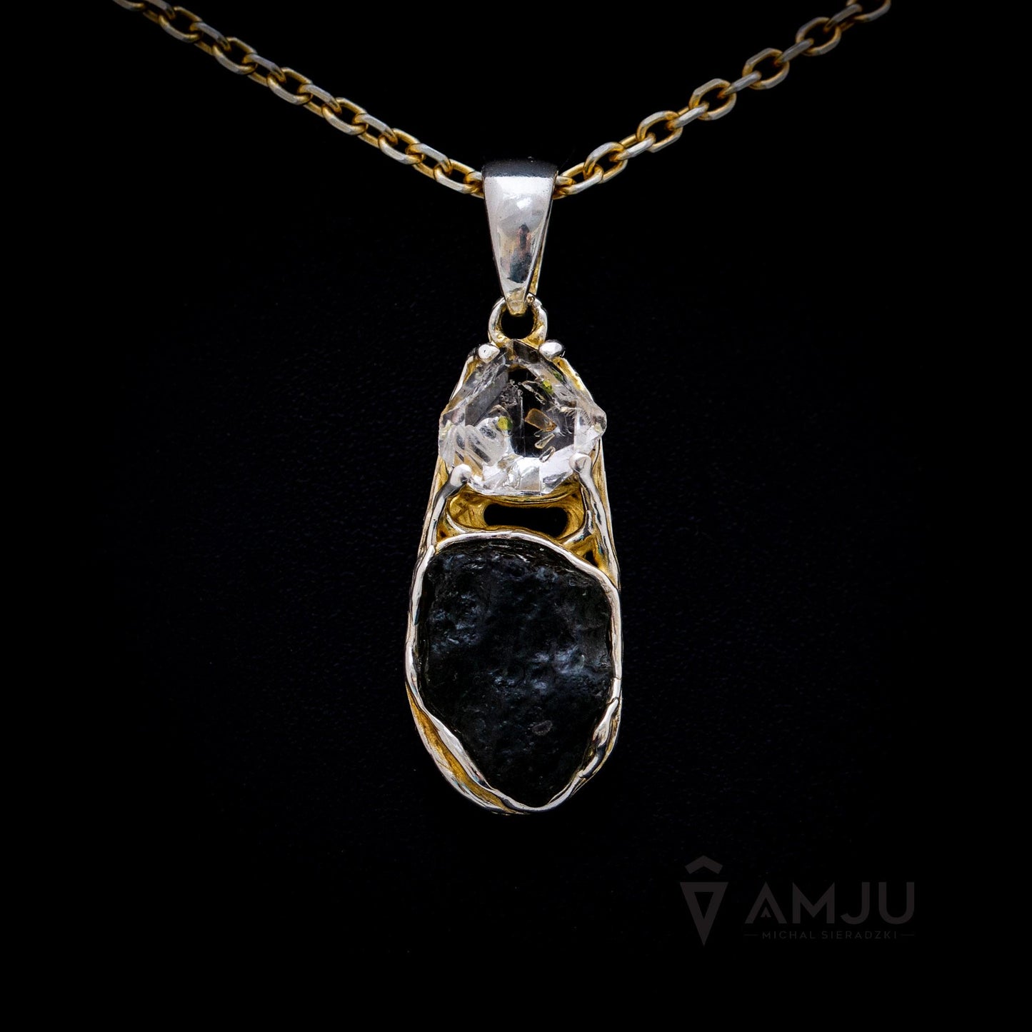 Moldavite with Herkimer Diamond, pendant