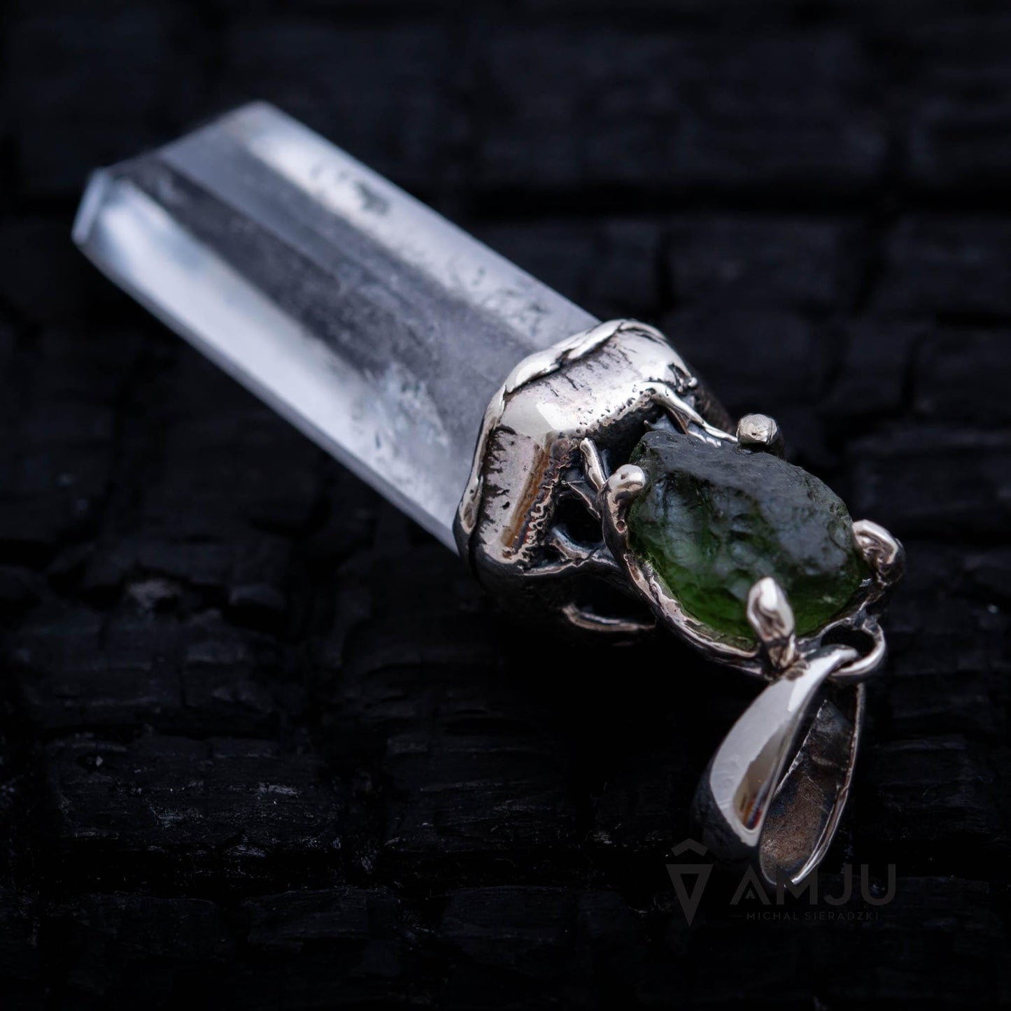 Moldavite and Quartz Crystal, pendant