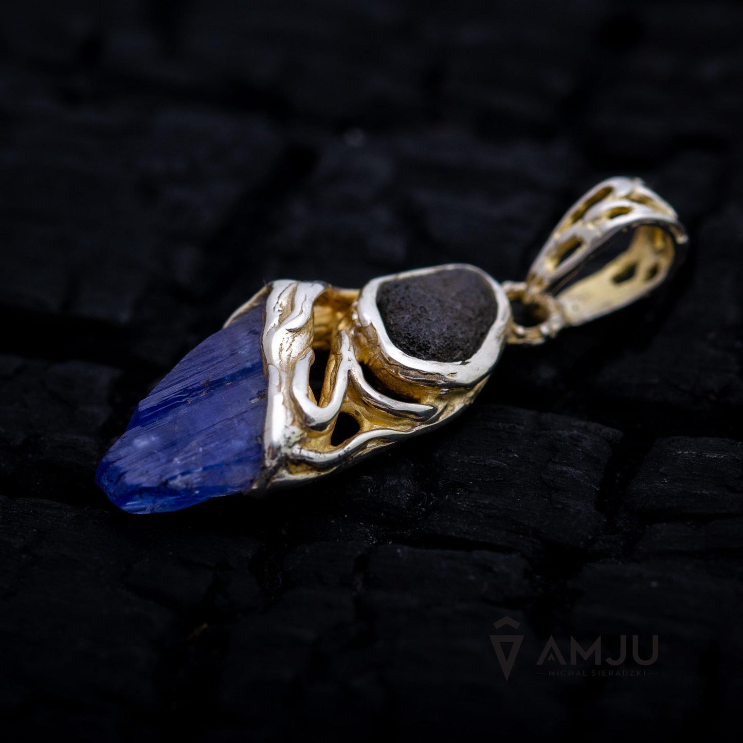 Raw Tanzanite crystal with Chelyabinsk Meteorite, pendant