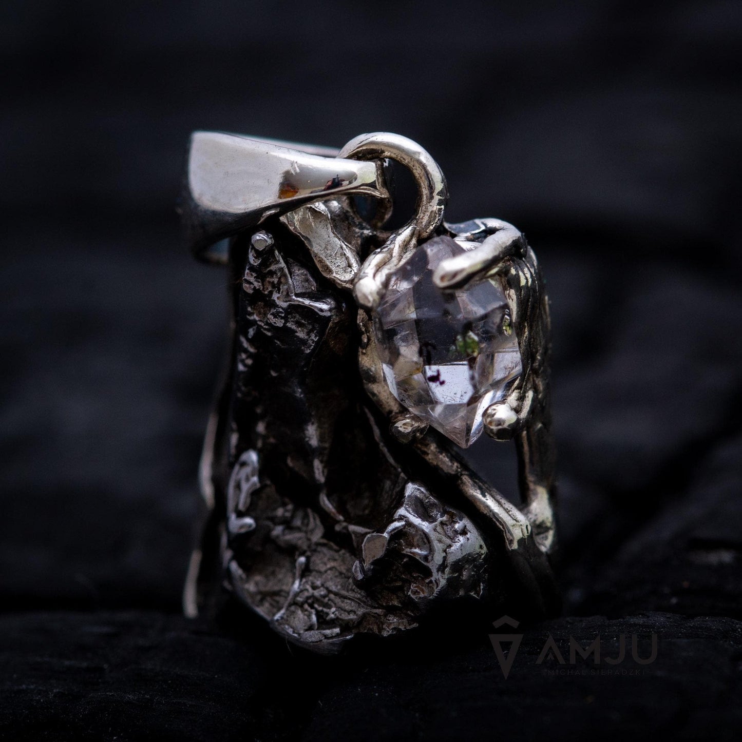 Moldavite, Campo del cielo meteorite with Herkimer Diamond, pendant