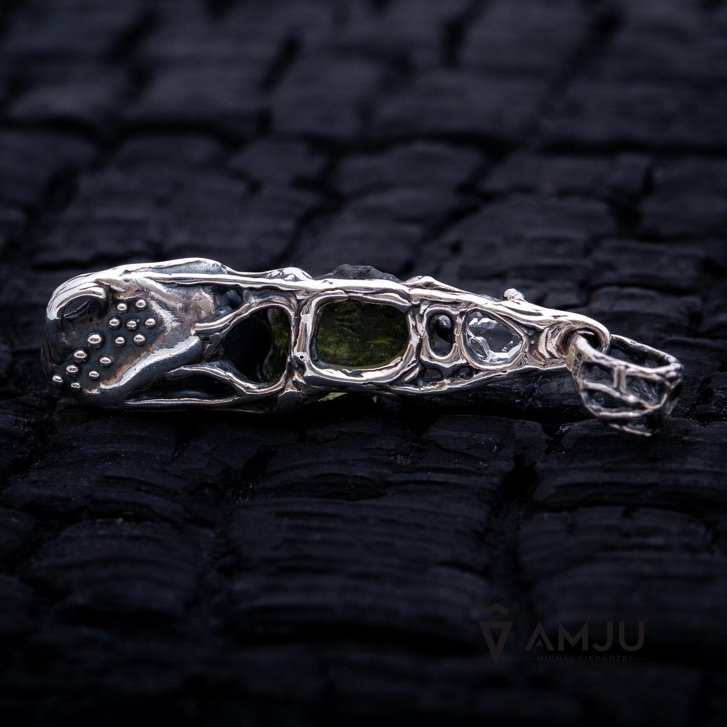 Moldavite, Campo del cielo meteorite with Herkimer Diamond, pendant