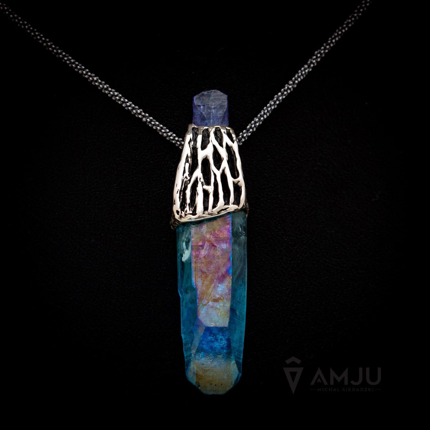 Aqua Aura Quartz Crystal and Tanzanite raw crystal, pendant