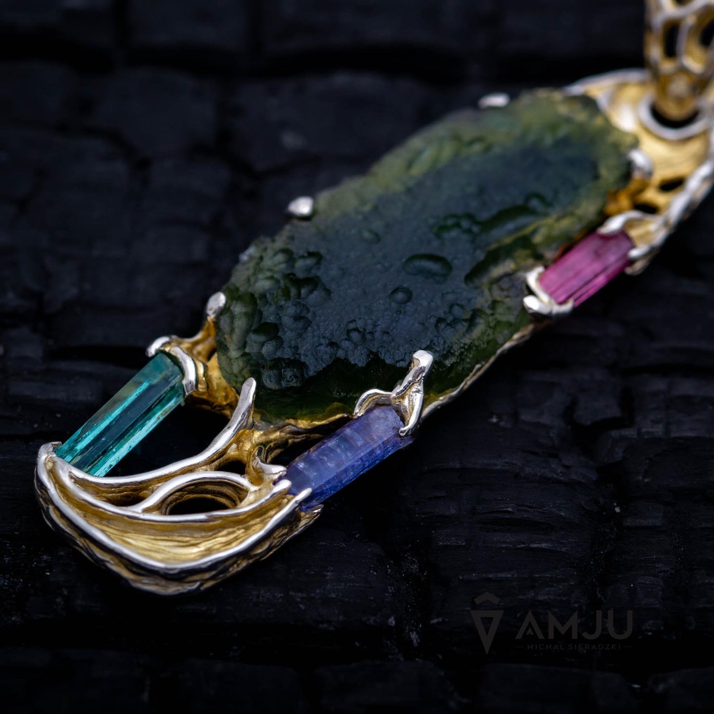 Moldavite with raw crystals of Pink Tourmaline, Green Beryl and Tanzanite, pendant