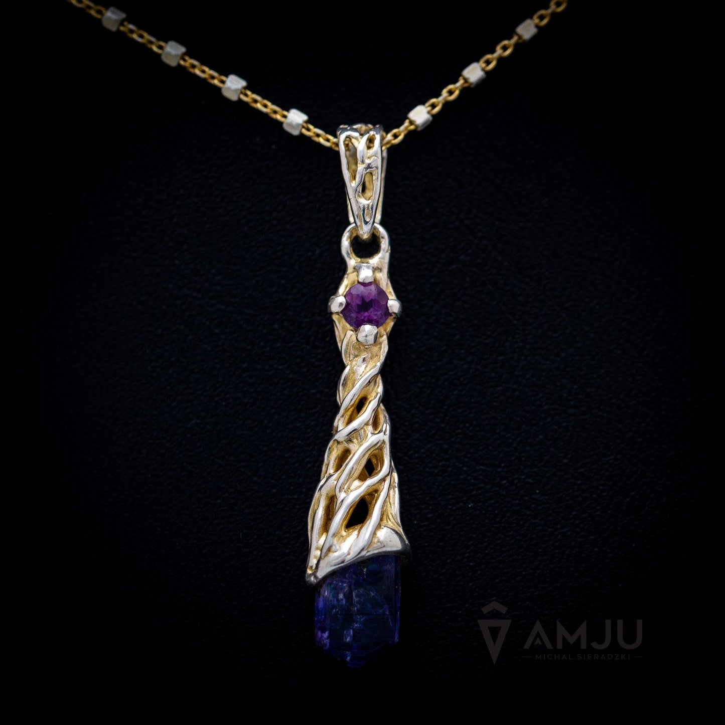 Raw Tanzanite crystal with Amethyste, pendant