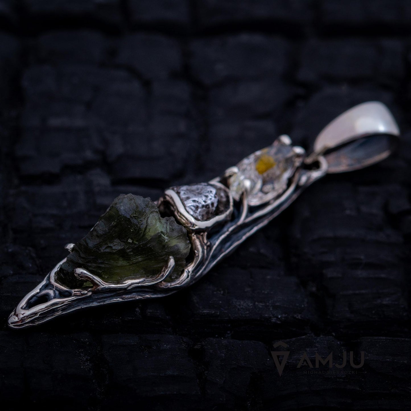 Moldavite, Campo del cielo meteorite with Herkimer Diamond, pendant