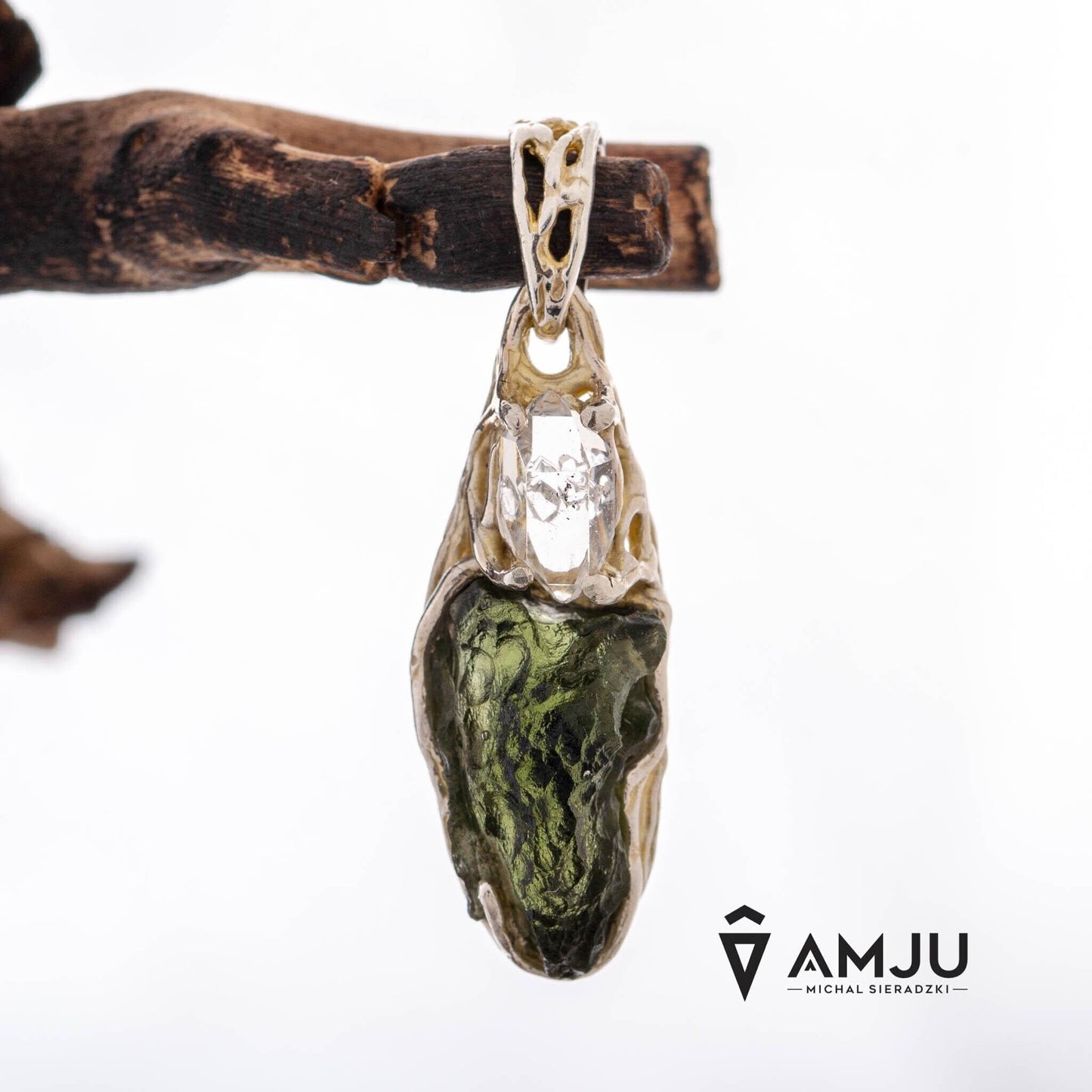 Moldavite with Herkimer Diamond, pendant