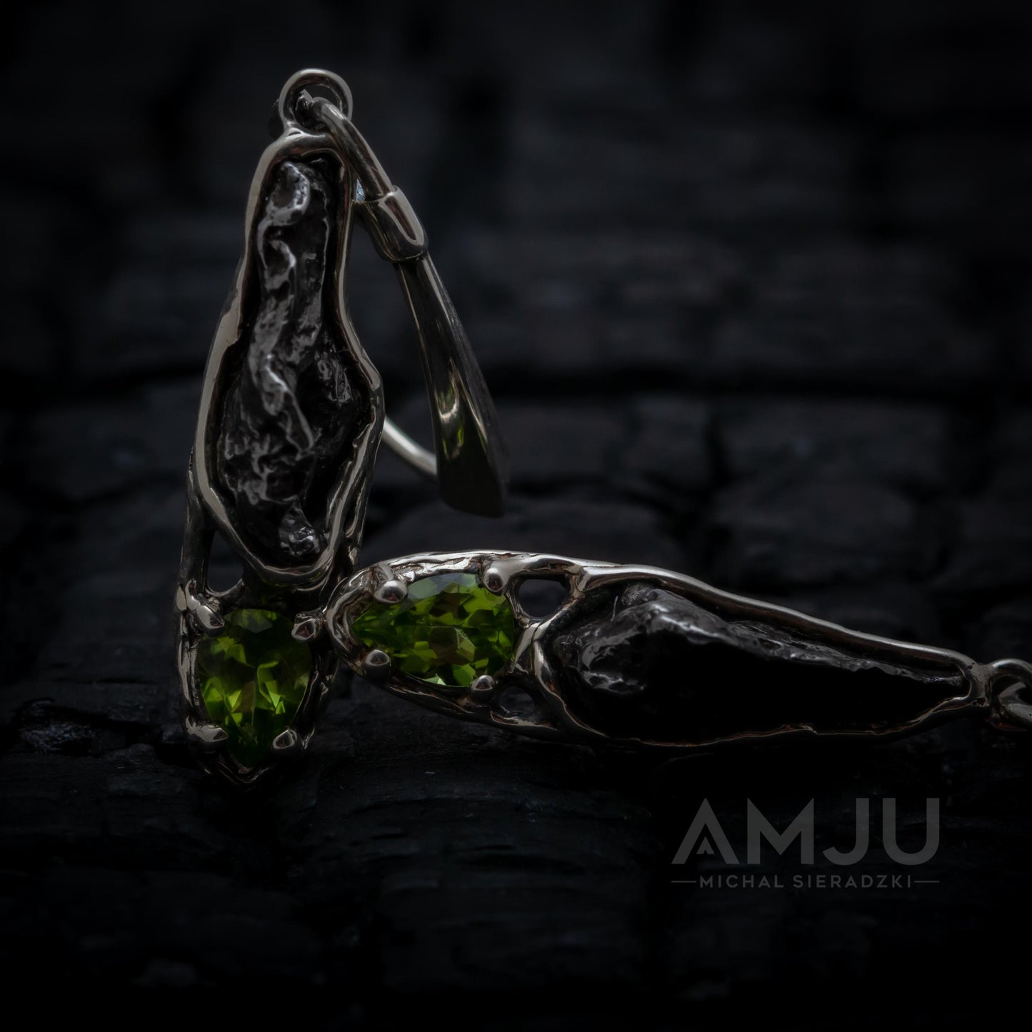 Sikhote Alin meteorite with peridots, Dangle earrings