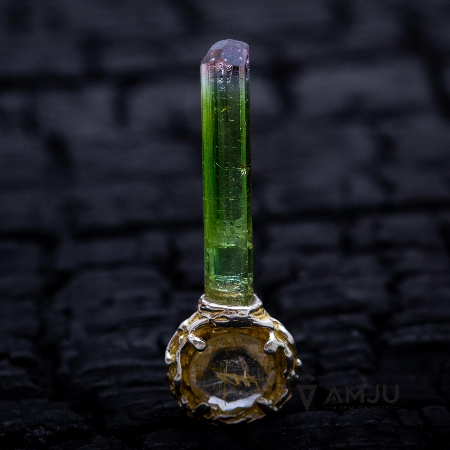 Bicolor watermelon paprok tourmaline with rutilated quartz, Lollipop pendant