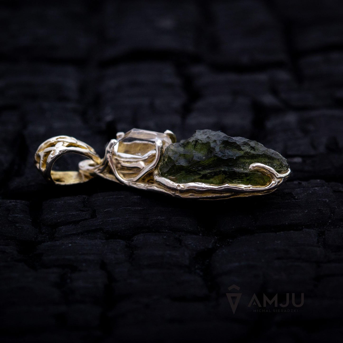 Moldavite with Herkimer Diamond, pendant