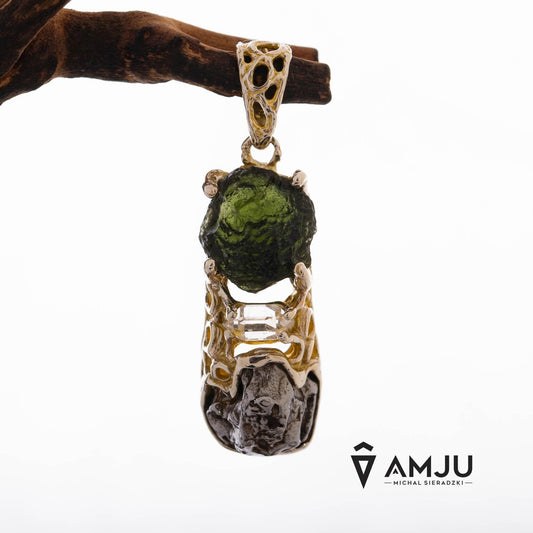 Moldavite, Campo del cielo meteorite with Herkimer Diamond, pendant