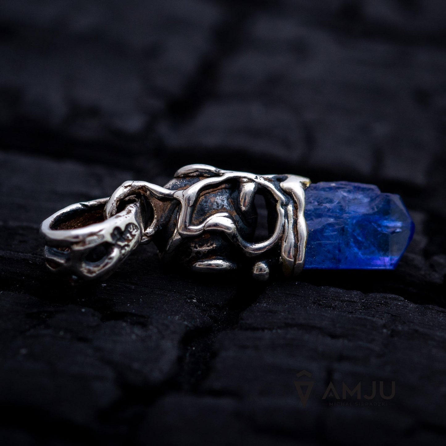 Raw Tanzanite crystal with freshwater pearl, pendant