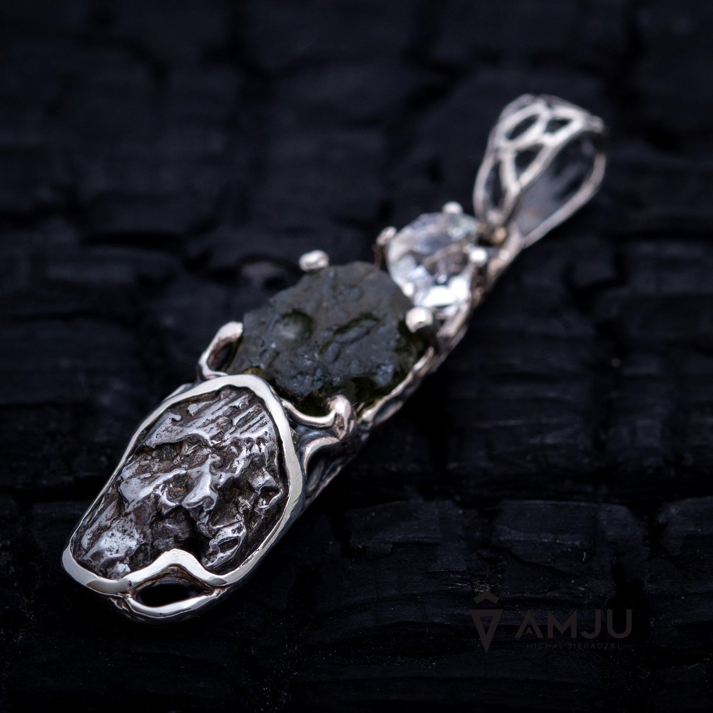 Moldavite, Campo del cielo meteorite with Herkimer Diamond, pendant