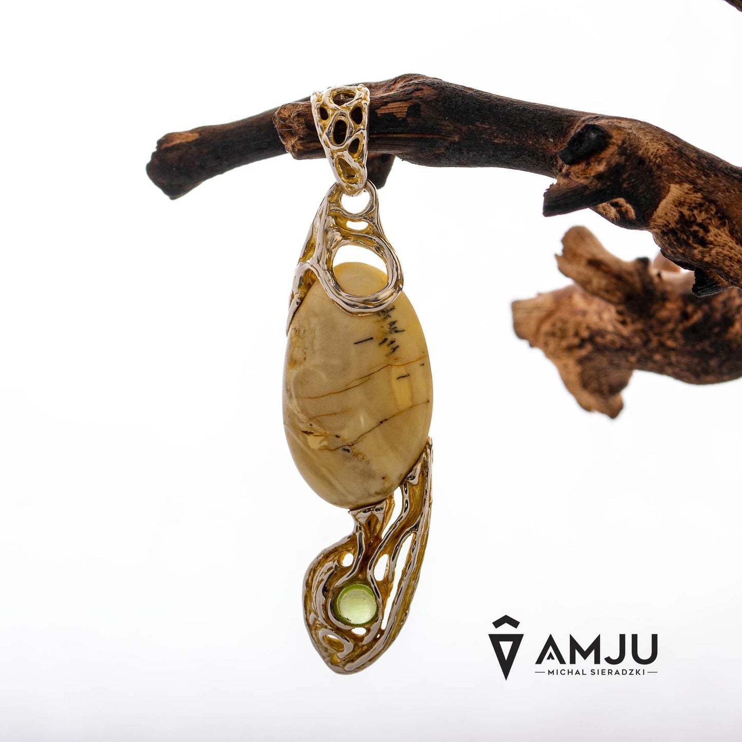 Amber with peridot, pendant