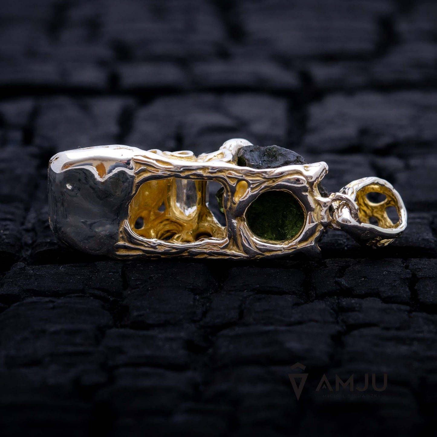 Moldavite, Campo del cielo meteorite with Herkimer Diamond, pendant