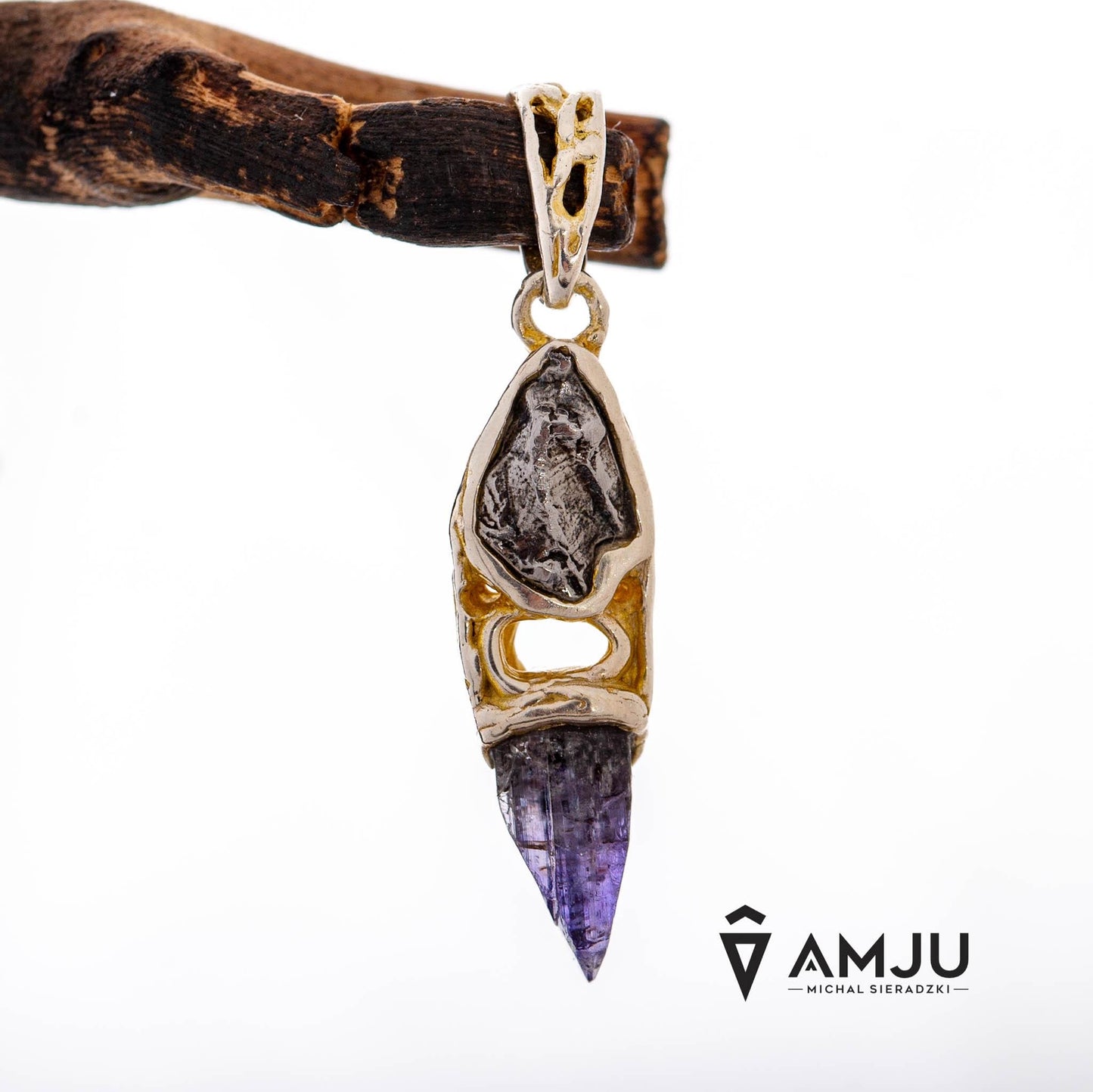Raw Tanzanite crystal with Campo del Cielo meteorite, pendant
