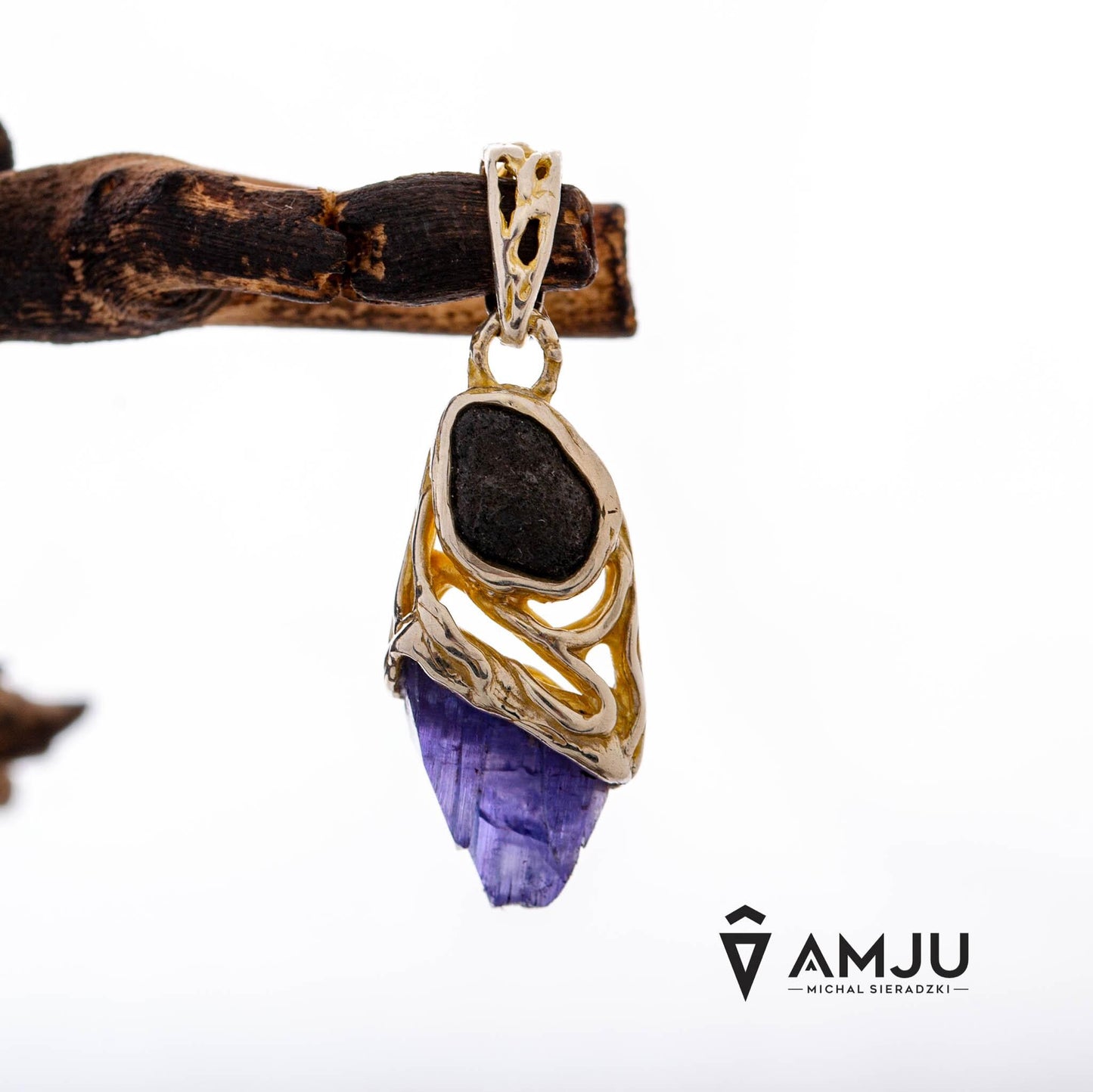 Raw Tanzanite crystal with Chelyabinsk Meteorite, pendant