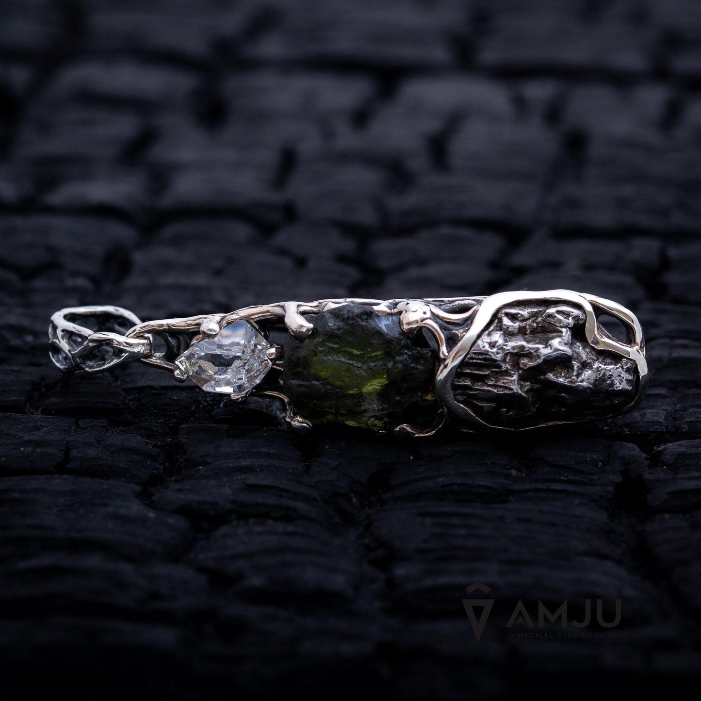 Moldavite, Campo del cielo meteorite with Herkimer Diamond, pendant