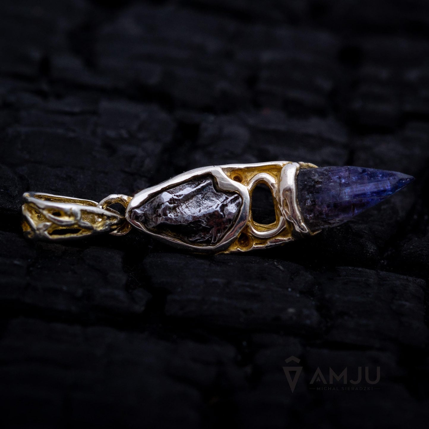 Raw Tanzanite crystal with Campo del Cielo meteorite, pendant