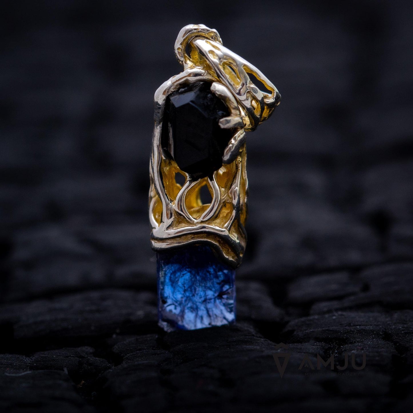 Raw Tanzanite crystal and black tourmaline schorl, pendant