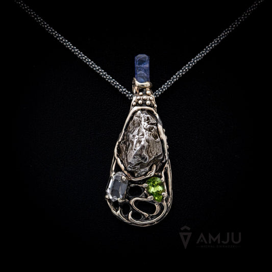 Moldavite, Campo del cielo meteorite with Herkimer Diamond, Peridot and Tanzanite, pendant