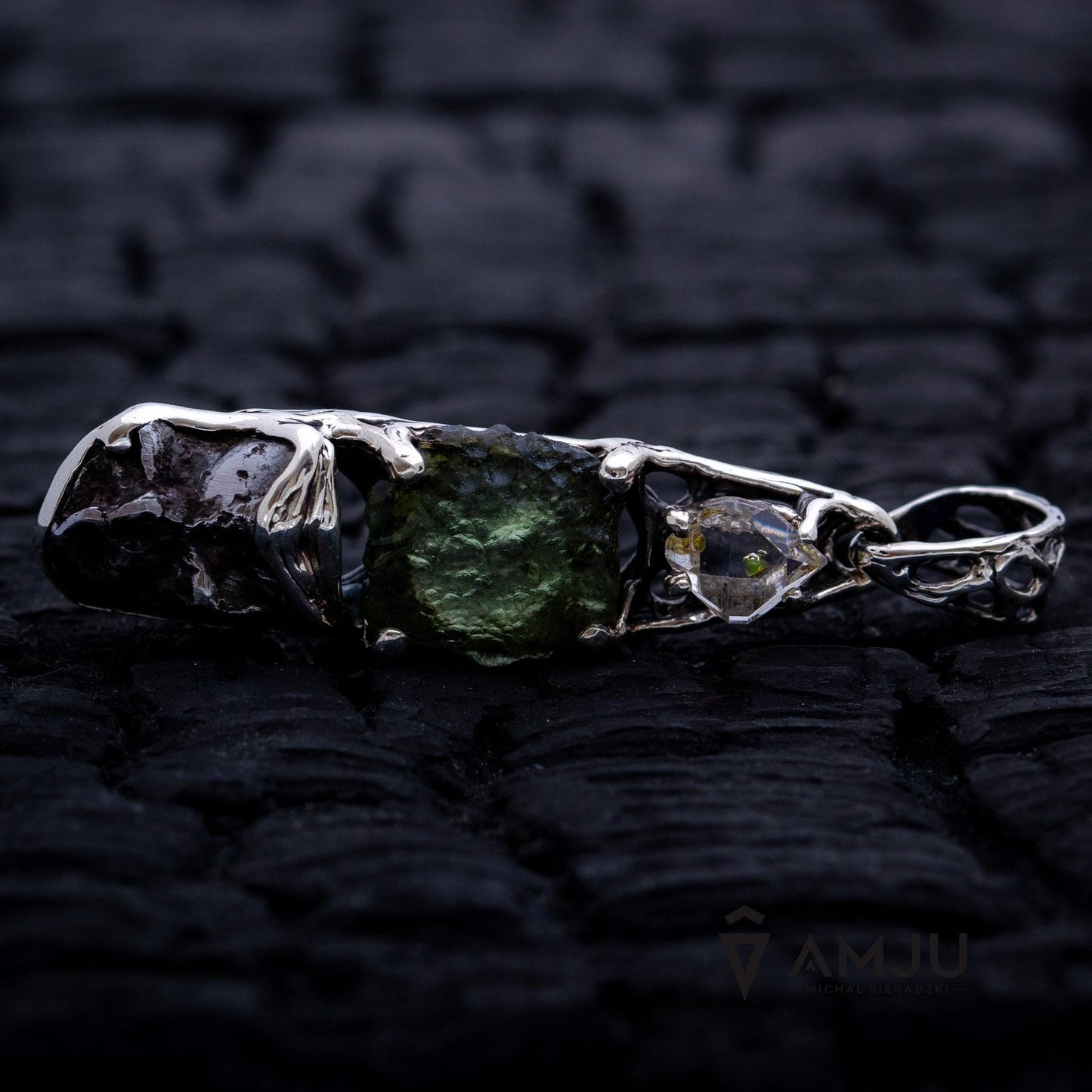 Moldavite, Sikhote Alin meteorite with Herkimer Diamond, pendant