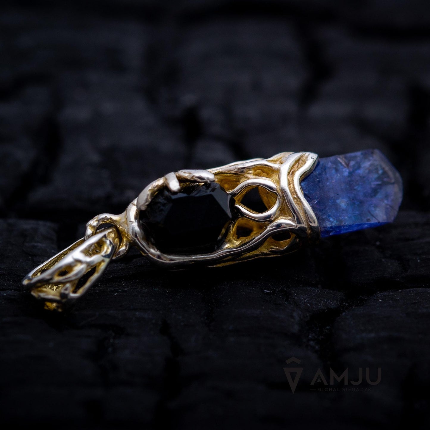 Raw Tanzanite crystal and black tourmaline schorl, pendant
