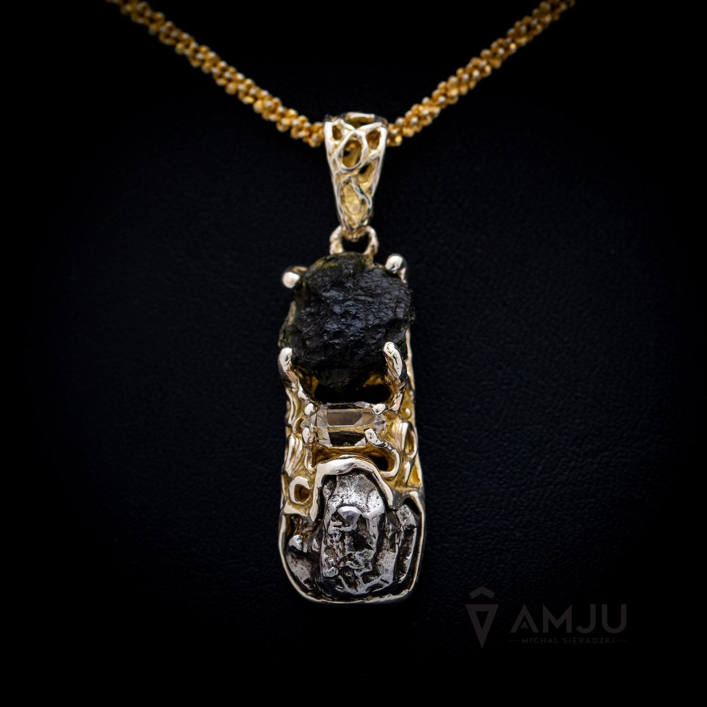 Moldavite, Campo del cielo meteorite with Herkimer Diamond, pendant