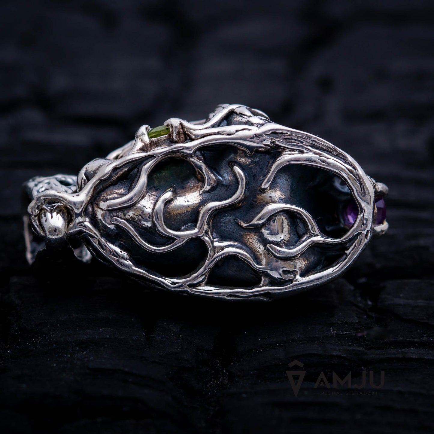 Campo del Cielo meteorite with peridot and amethyst, pendant